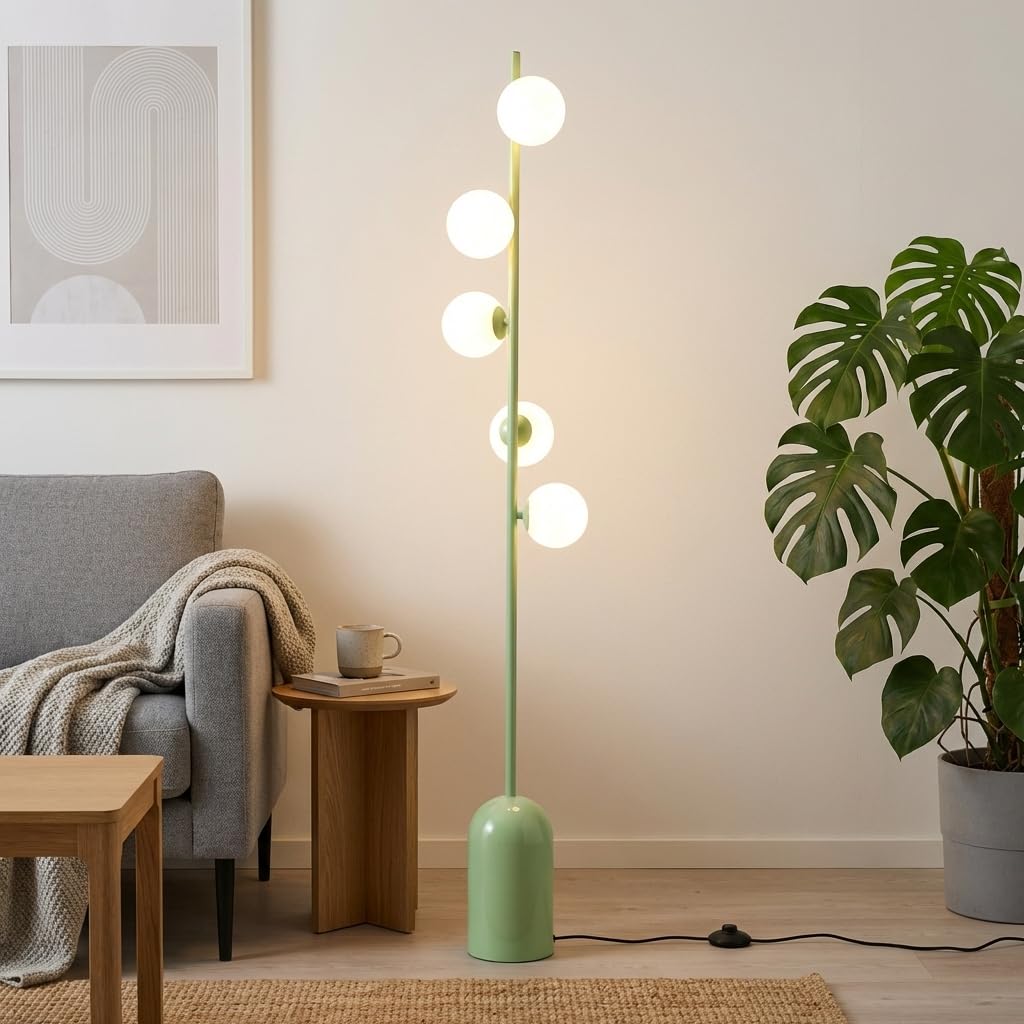 Alpinaluz Lampada da Terra Verde Moderna con 5 Sfere Luna 3D in ABS Stampate, Base in Ferro Robusta, 5 Portalampada G9 per Illuminazione Soffusa e Design Nordico Elegante per Soggiorno e Camera da