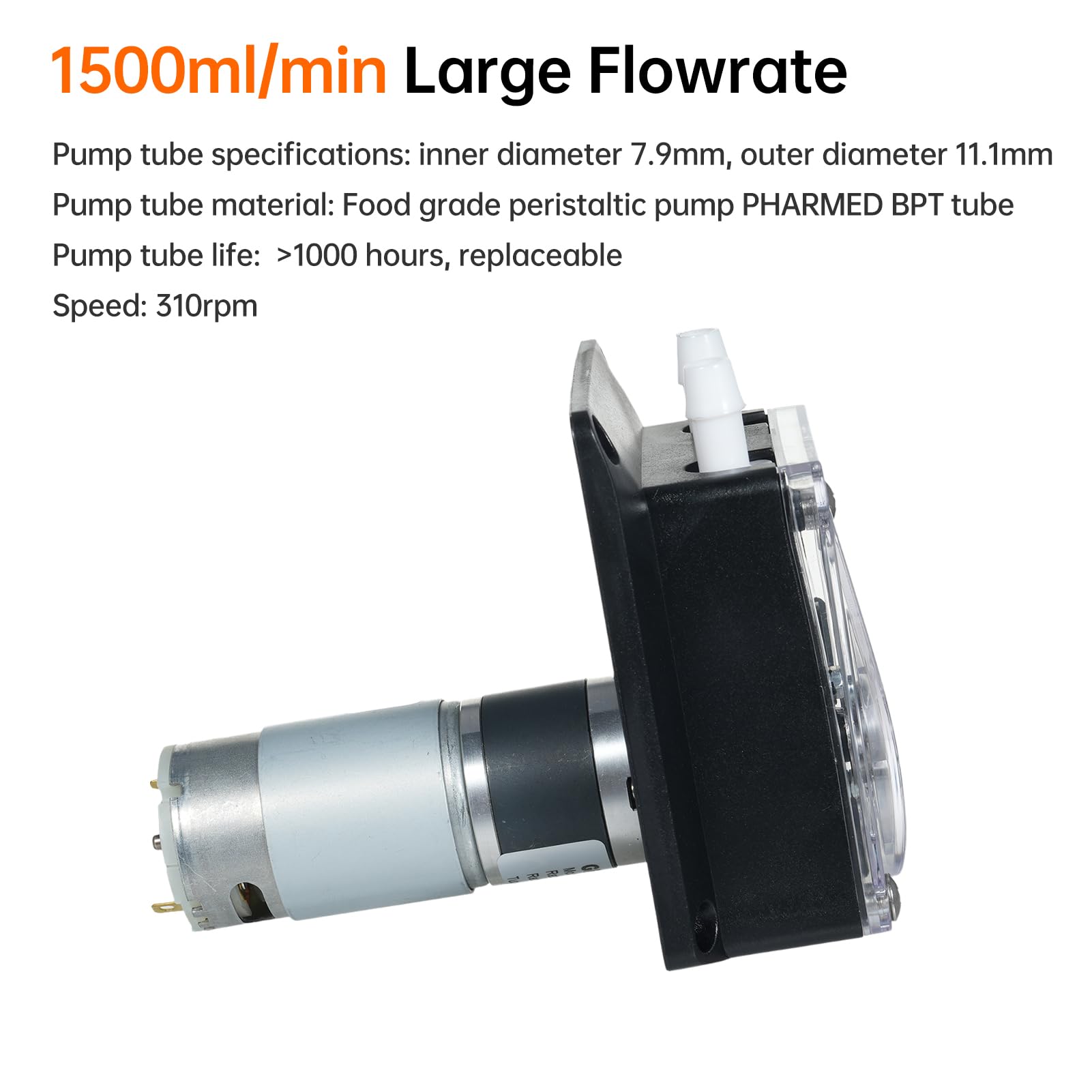 Bomba peristáltica de flujo grande, 1500 ml/min Bomba dosificadora de líquidos con 2 rodillos y tubo PHARMED BPT apto para uso alimentario, para análisis químicos en laboratorios y acuarios(24V)