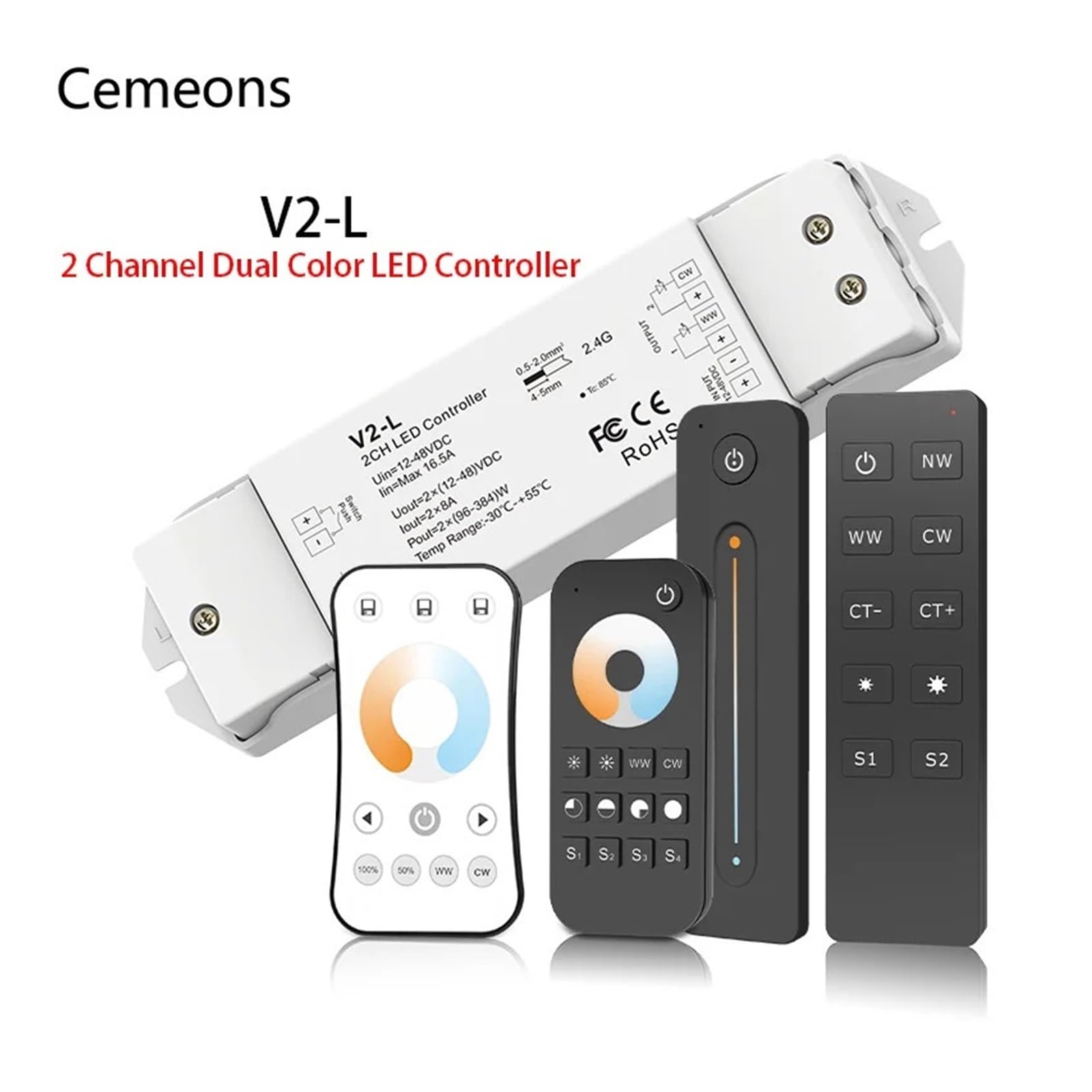 Controlador LED V2-L atenuador LED 12-48V 2CH 16A 2,4G Control remoto WW CW interruptor regulador de intensidad LED for tira de luz LED blanca doble CCT(V2-L only)
