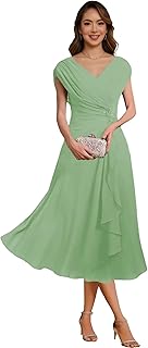 Lace Applique Mother of The Bride Dresses A Line Chiffon Cap Sleeves Evening Gown V Neck Formal Dress for Women﻿ - Buy now