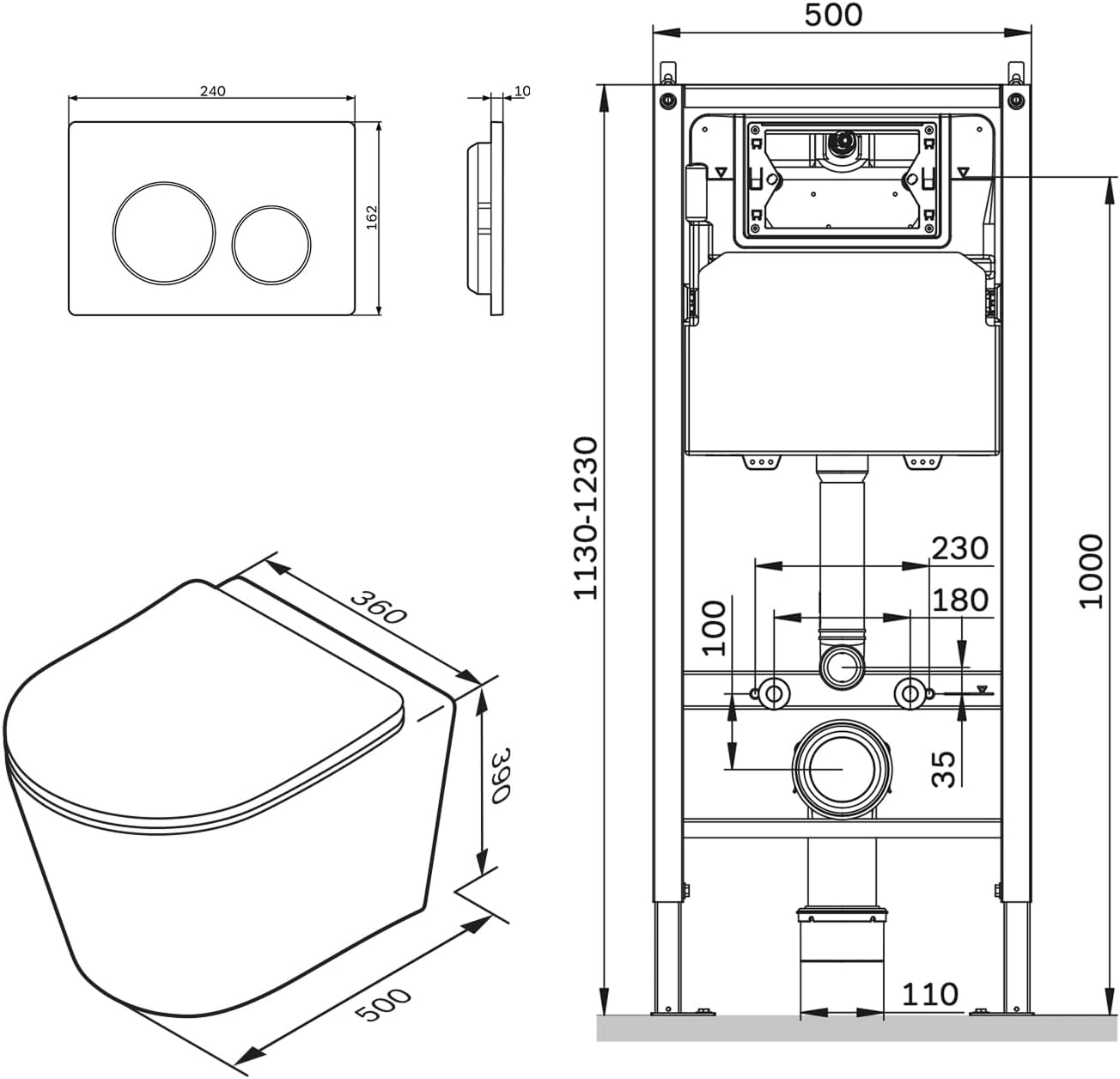 Technical drawing of AM.PM Wall Element and WC dimensions
