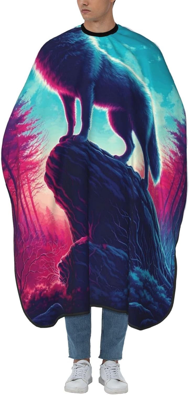 Neon Howling Wolf Moon Adult Hair Cutting Cape 55x66in Adjustable Snap Closure Salon Hairs Hat Shaving Bib