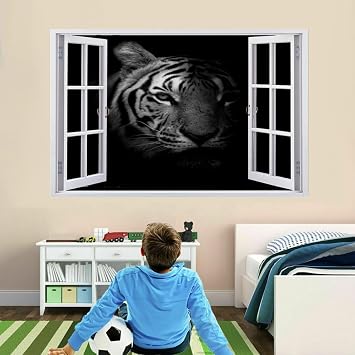 3D Smashed Decal, Tiger Removable Vinyl Art Peel and Stick Sticker, Black and White Animals Wall Tattoo Girls Kids Bedroom Nursery Room Decor Mural Home Decor 35"W x 24"H