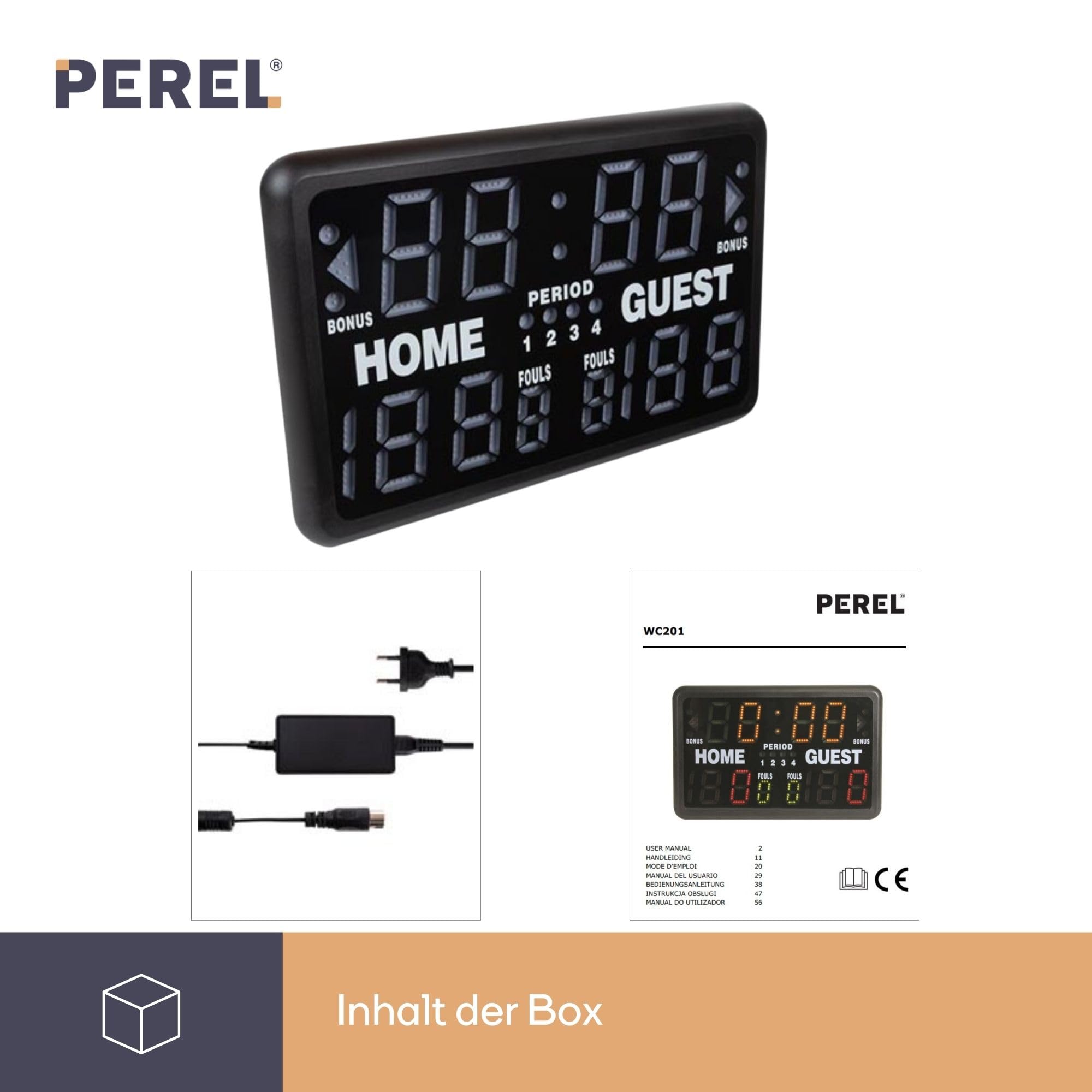 Perel Digitales LED Multisport-Scoreboard mit Sporttimer und Stoppuhr, Tischmodell oder freistehend, geeignet für Indoor- und Outdoor-Nutzung unter Überdachung, für Training, Wettkämpfe und Turniere