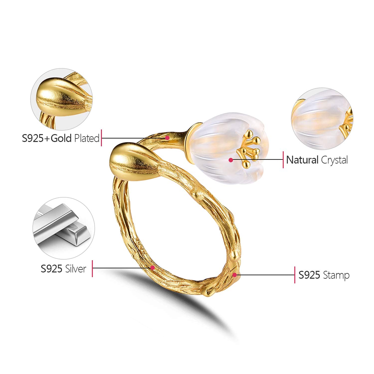 S925 Sterling Silber Ring Exquisite Gravur Blumenring Naturkristall handgefertigte Männer und Frauen einzigartige Accessoires
