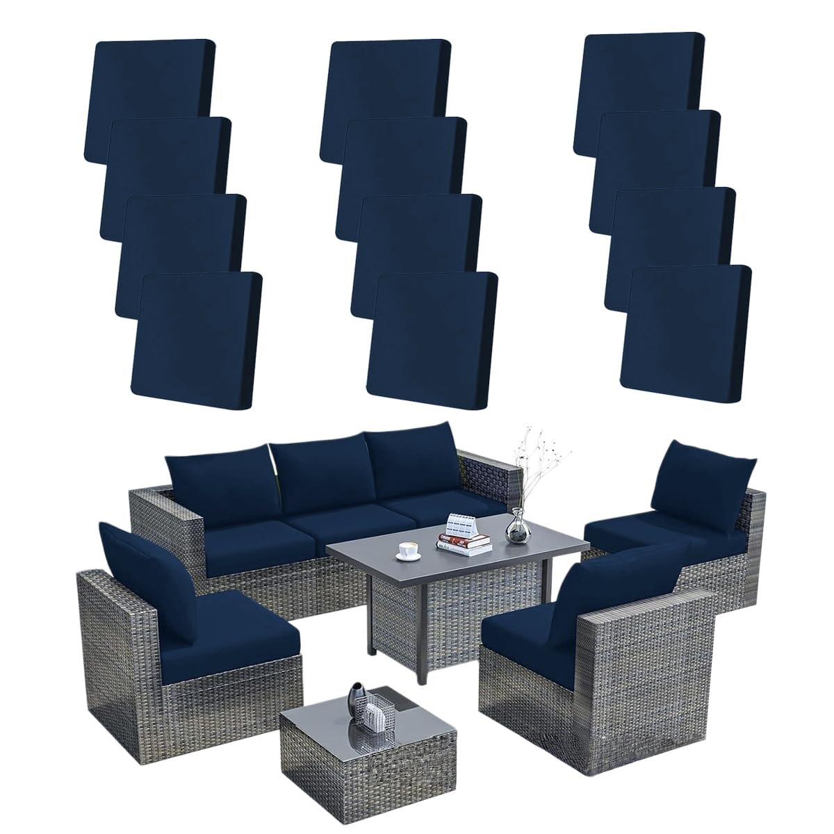 Hiseng Lot de 8/12/14 Housses de Coussin d'extérieur Extensible pour Salon de Jardin, Couleurs Unies Housses de Coussin de Rechange Canapé Extérieur Meubles de Terrasse (Bleu Marine,12 pièces)