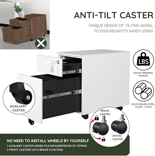 Miniatura 5 de Approgreent Archivador móvil con 2 cajones, archivador con cerradura para oficina en casa, tamaño A4tamaño cartatamaño legal, totalmente montado