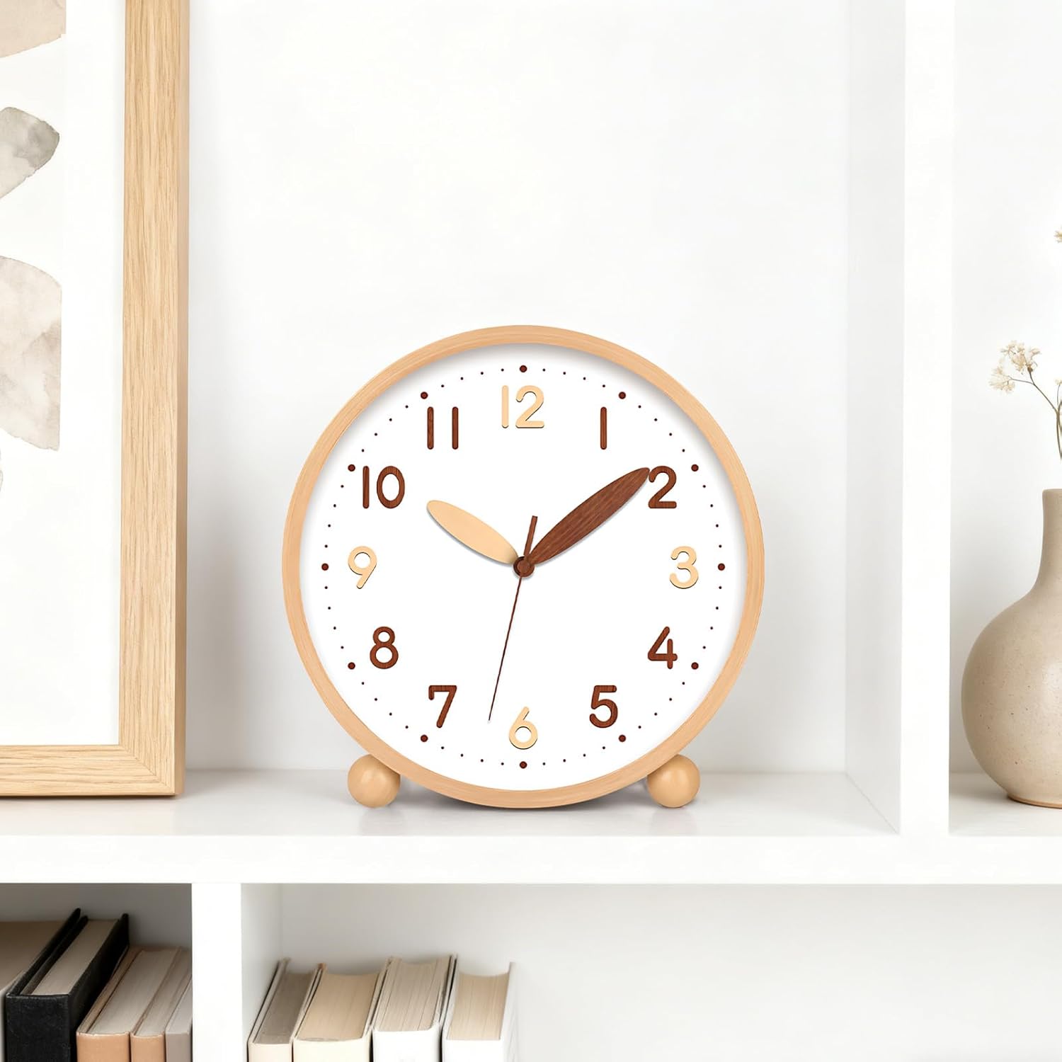 Maxspace Wooden Table Clock,8in Silent Non-Ticking Desk Clock,Battery Operated Desktop Analog Clock for Living Room Bedroom Kitchen Office Classroom Decor (Log - Double Wood Font)