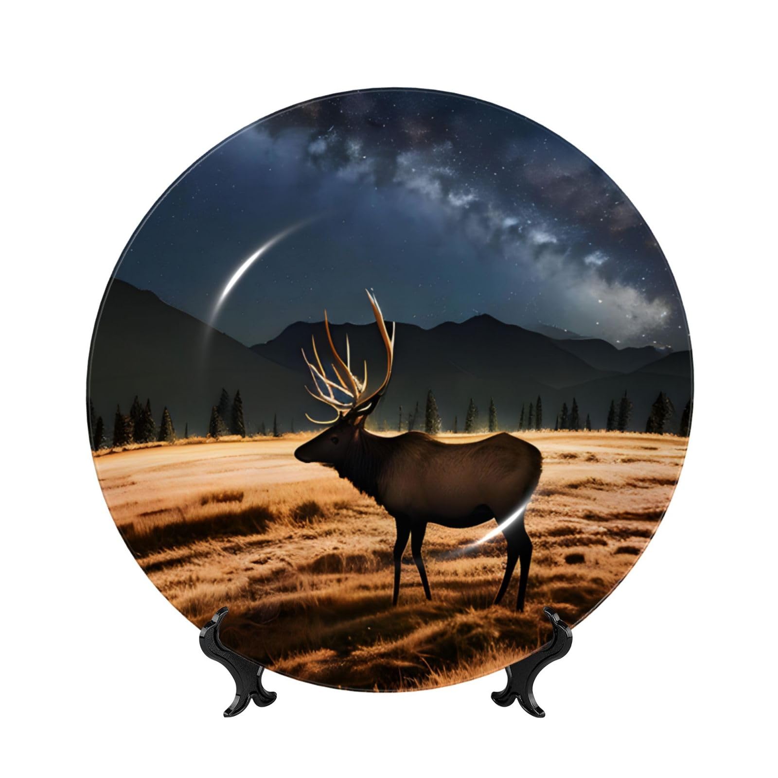 SXZVVBN Elk in the meadow Bone China Decorative Plate Art with Stand Removable Adhesive Hanging for Home Office 6in（15cm）