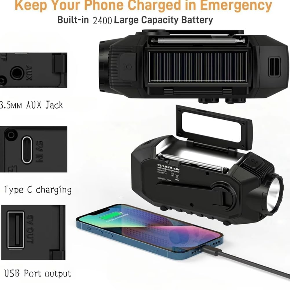 Radio awaryjne, głośnik Bluetooth, przenośna korba solarna radio AM/FM do survivalu, ładowarka USB, alarm SOS, do czytania