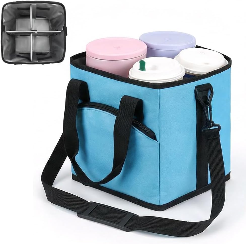 Upgrade Family Size 4 Compartment Drink Bag, 2026 New Insulated Multiple Tumbler Holder Caddy with Adjustable Strap, Drink Caddy Tote Bag for Travel, Hiking, Sports, Family Outings & Daily Use (Blue)