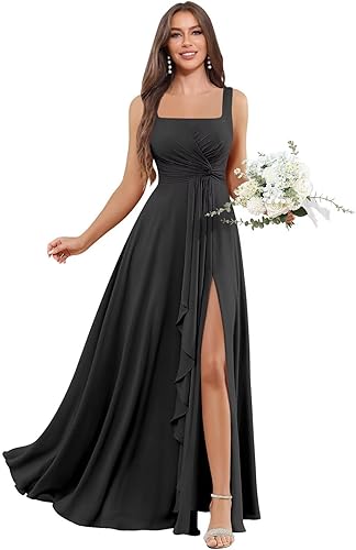 Chiffon Bridesmaid Dress for Women - Square Neck A Line Pleated Slit Formal Evening Dress with Pockets