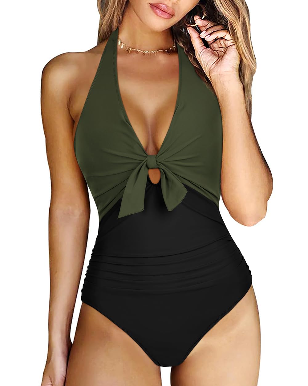 RXRXCOCO V Ausschnitt Push Up Sexy Badeanzug Damen Bauchweg Shape Bademode Neckholder Rückenfrei Badeanzug Mit Cups Swimsuit Grün Schwarz L