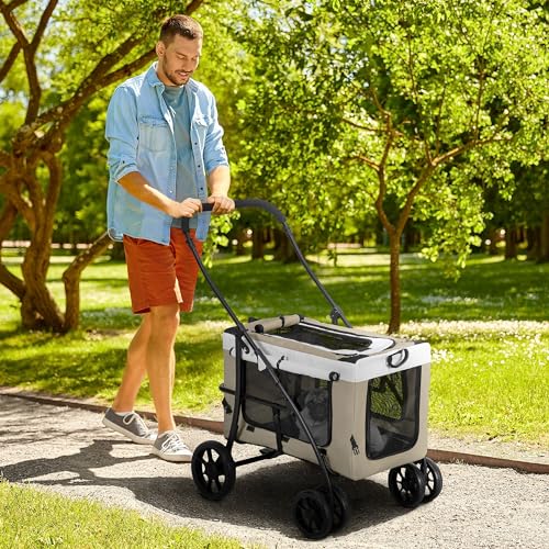 PawHut 2 in 1 Hundewagen Hundebuggy klappbar für Hunde & Katzen bis 10 kg Katzenbuggy mit Kissen Netzfenstern Türen Aufbewahrungskorb Katzenwagen Buggy Khaki
