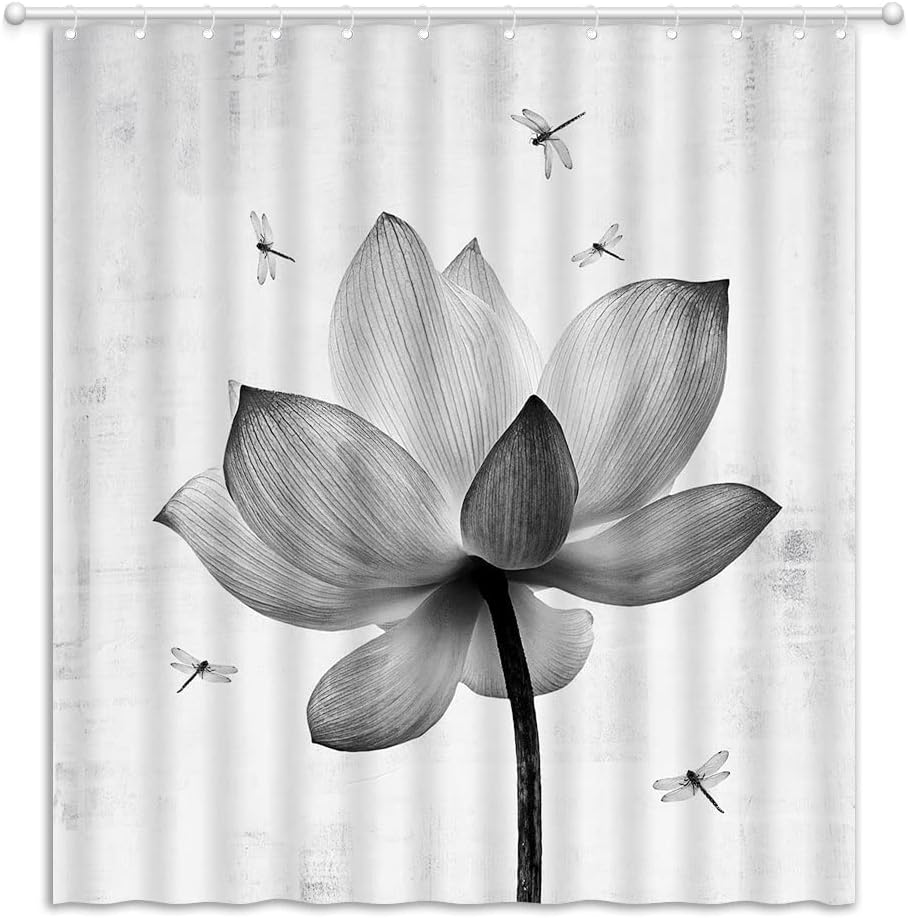 Lotus Shower Curtain Black White Flower Dragonfly Elegant Waterlily Vintage Unique Art Print Chic Home Decor Bathroom Fabric Set with Hooks(70" Wx96 H)