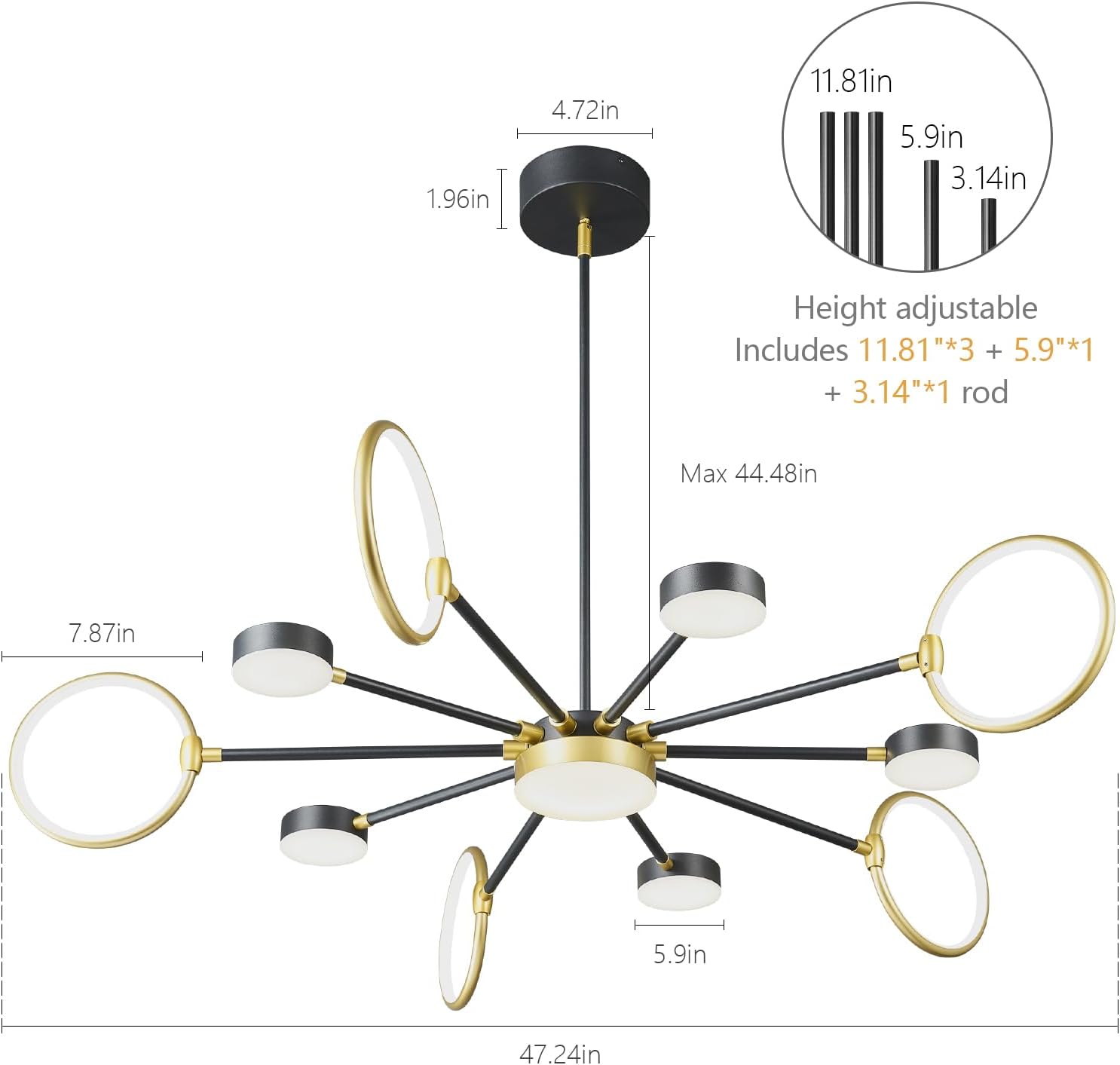 Modern Chandeliers Light Fixture Black Gold LED Pendant Light Modern Farmhouse Black Sputnik Chandelier for Dining Room Bedroom Living Room Kitchen Foyer（11-Light）