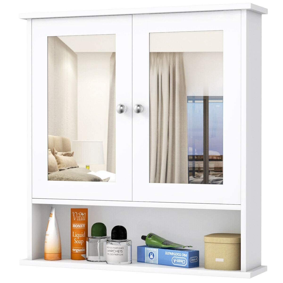 raxter Double Door Mirrored Bathroom Cabinet, 3 Tier Wall Mounted Storage Unit with Adjustable Shelves Wooden Display Cupboard for Home, Living room, Kitchen, Bedroom & Bathroom Accessory Organizer