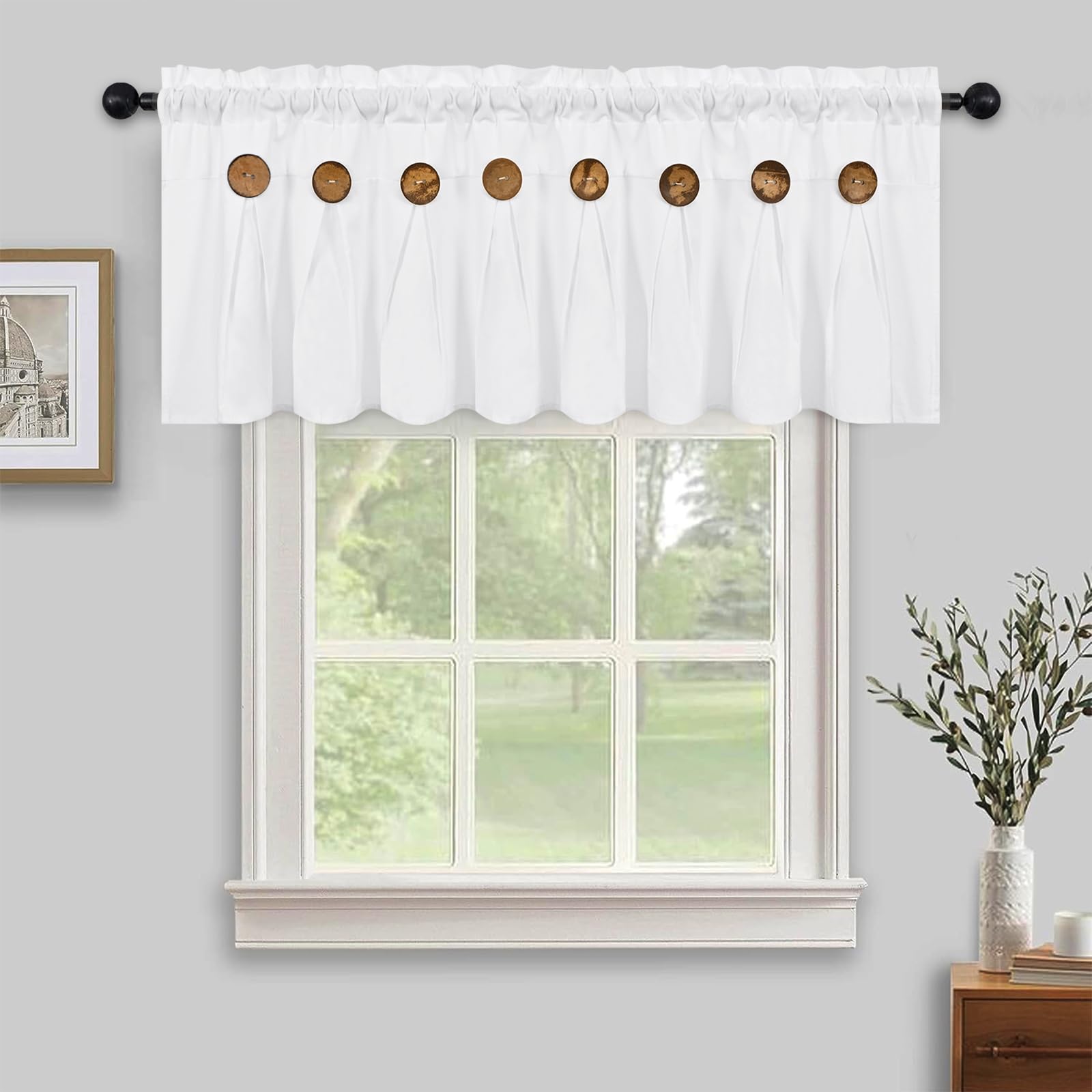 FRAMICS Farmhouse Valance Curtains, Boho Cotton Linen Kitchen Valance, White Rustic Button Window Valances for Kitchen Bathroom Bedroom, Country Rod