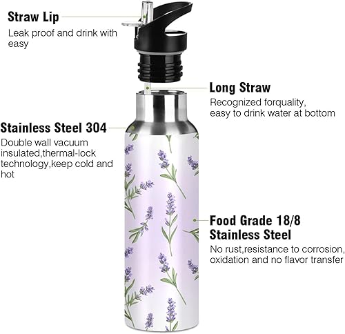 Miniatura 3 de Insulated Stainless Steel Water Bottle with Straw 32 Oz, BPA-Free Sport Water Bottle Insulated for Gym Outdoor Travel School, Lavender Flowers Green