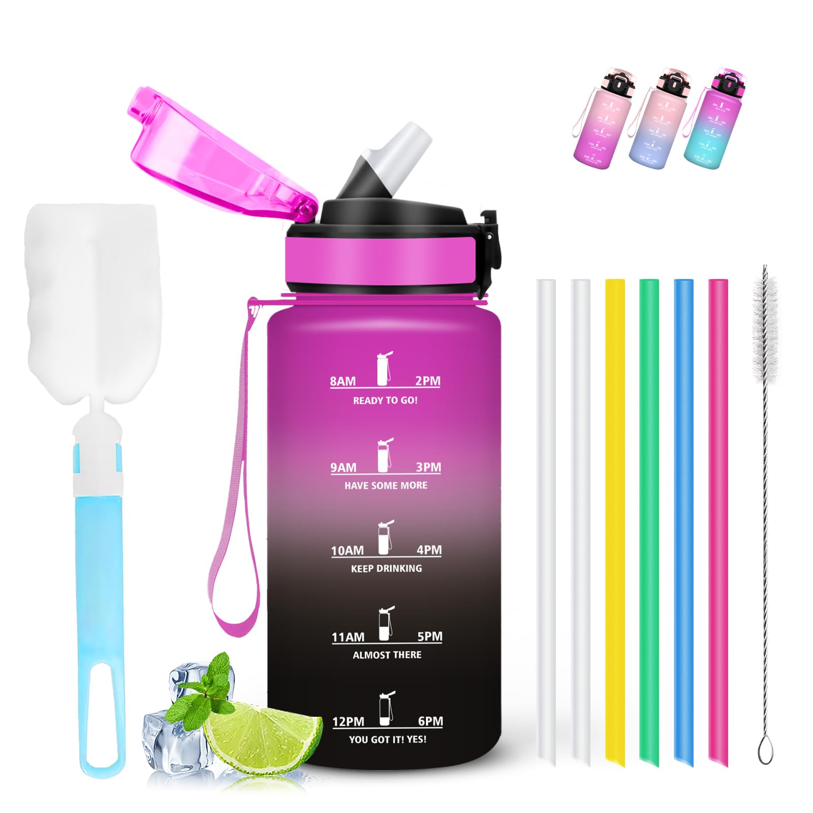 Mujigaga 500ml Kids Water Bottle with Straw Leak Proof Motivational Slogan Motivational Bottle with Sponge Brush for Camping Office Pilates