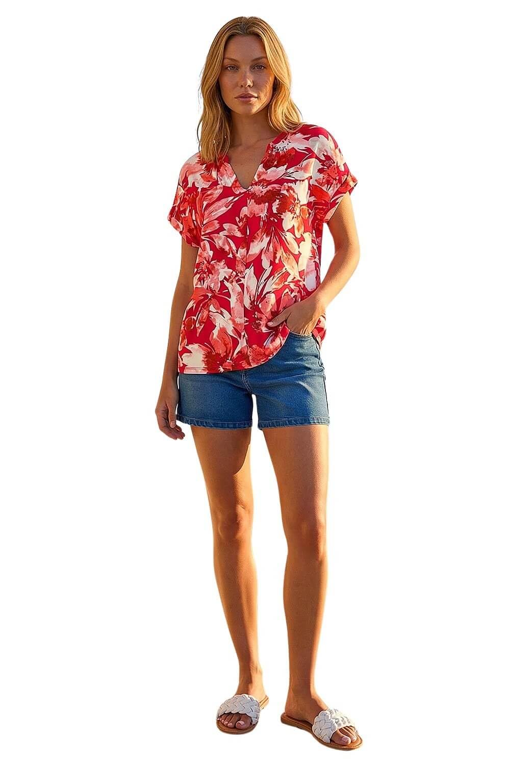 Roman Originals Women's Red Printed V-Neck Stretch Shirt For Uk - Everyday Holiday Spring Summer V-Neckline Comfy Soft Evening Vacation Work Party - Size 18