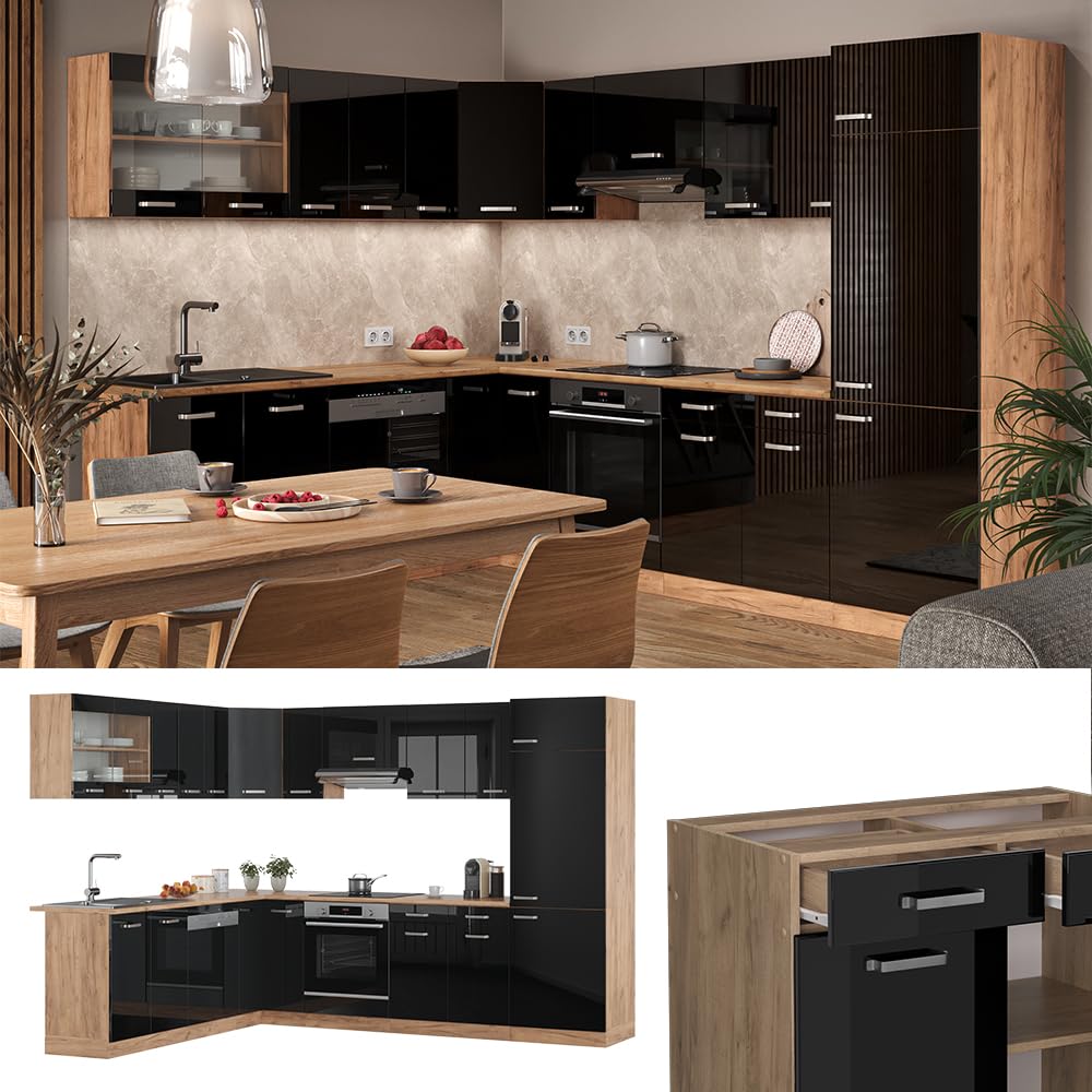 Vicco Cuisine en Angle R-Line, Noir Brillant/Chêne doré, 287 x 227 cm | 12 Modules · Pieds réglables en hauteur · Sans plan de travail · Façades robustes · Avec armoire pour réfrigérateur