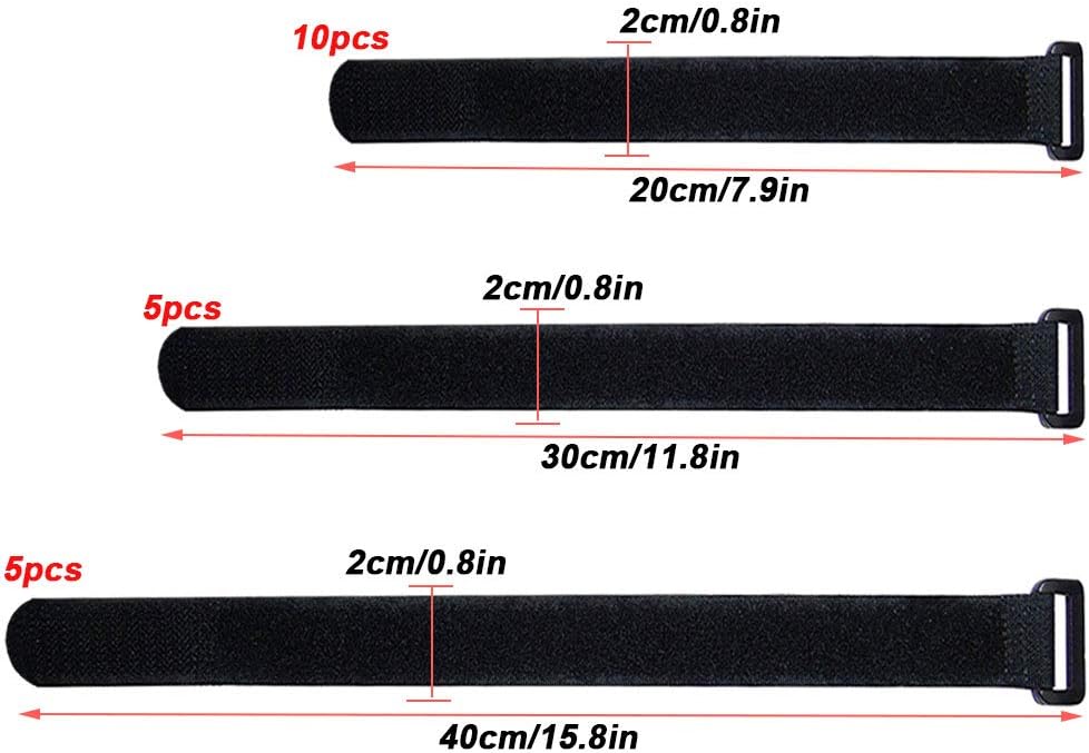 FULARR 20Pcs Cable Straps, Reusable Cable Ties & Cinch Strap Set, Multipurpose Hook and Loop Straps Fastener, Cable Storage Organizer, 3 Different Sizes (20x2cm, 30x2cm, 40x2cm) –– Black