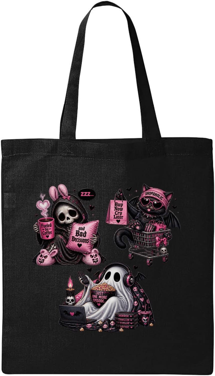 Carini personaggi a tema scuro con accessori borsa tote in cotone naturale nero