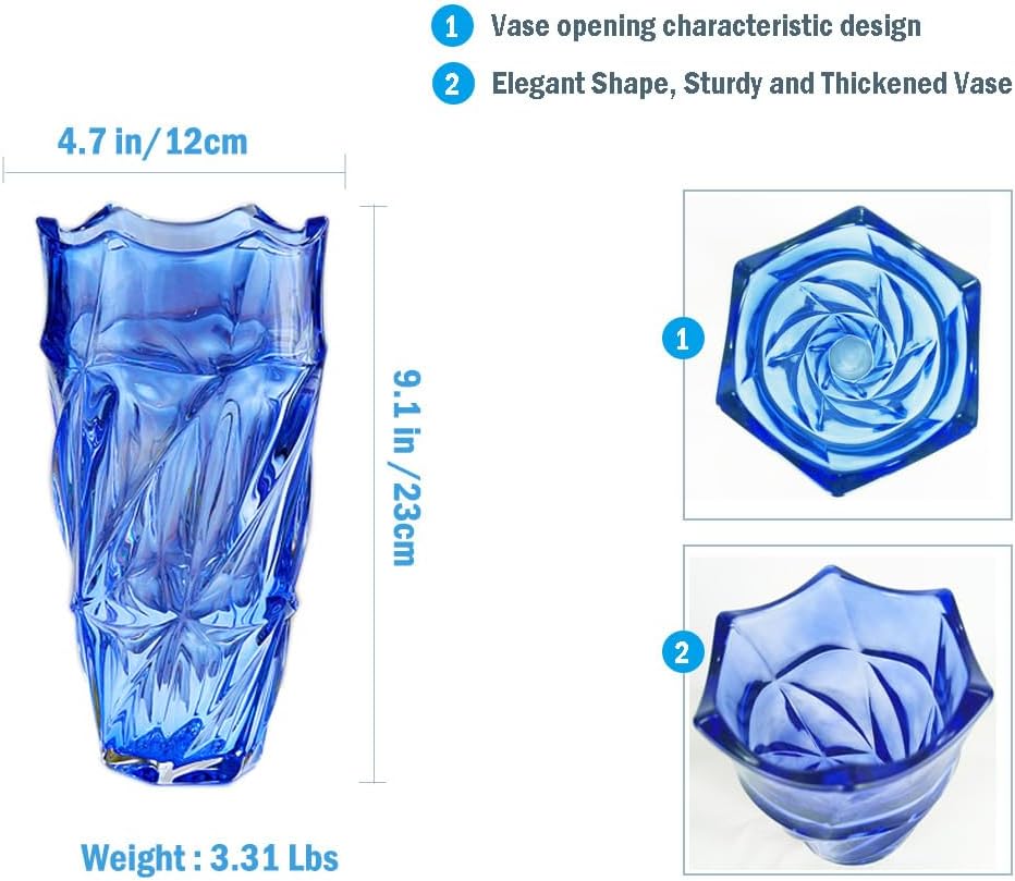9.1" Blue Glass Vase for Home, Wedding Decor, Modern Crystal Flower Vase Centerpieces Decorative