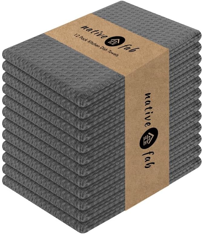 Native Fab Toalla de cocina de algodón con lazo para colgar de 16 x 26 pulgadas, paquete de 12, toallas de cocina de tejido gofre para limpieza y