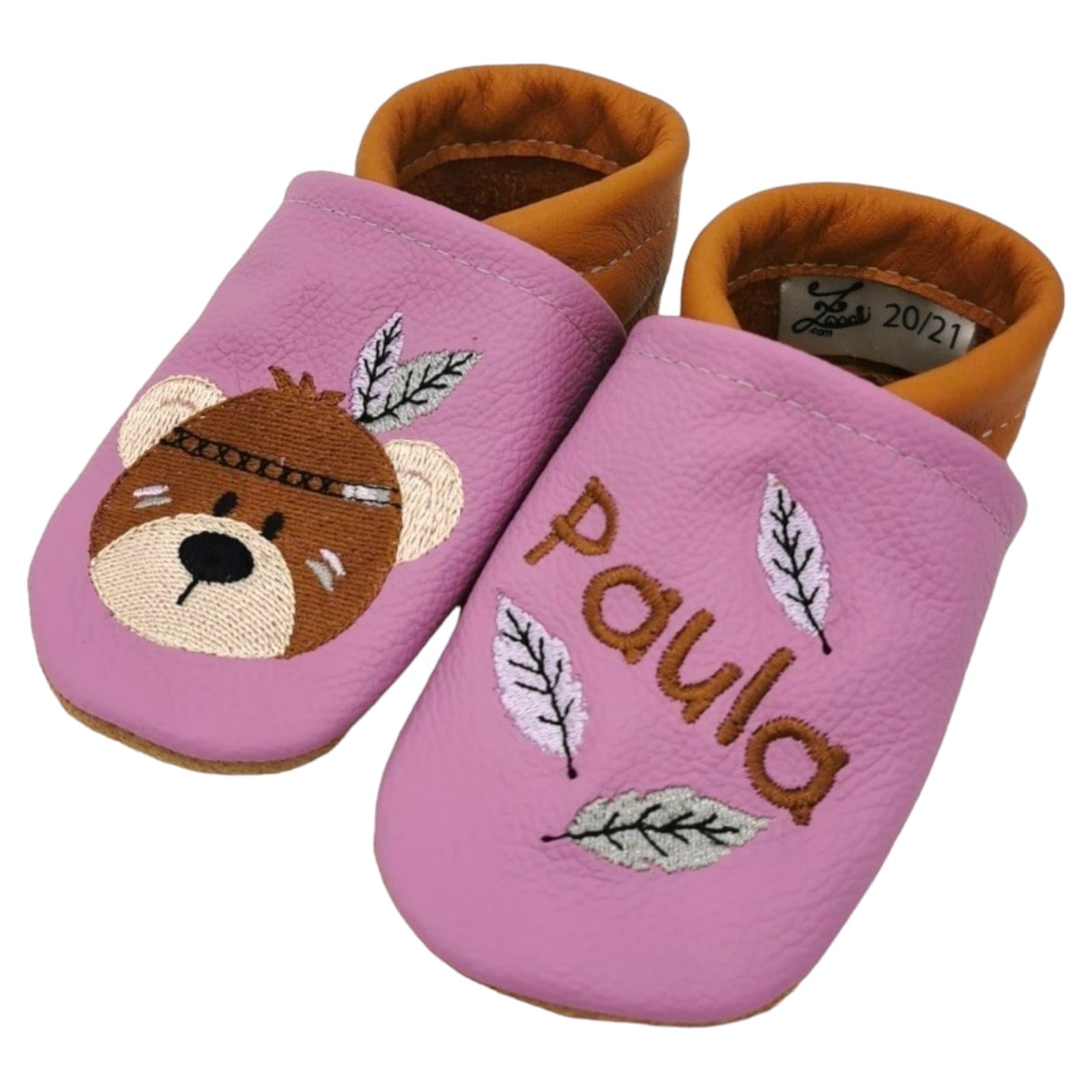 Generisch Zwucki Krabbelschuhe Lauflernschuhe Lederpuschen mit Name personalisiert Geschenk Geburt Taufe Geburtstag Mädchen Junge Baby Indianer Bär (Erika)