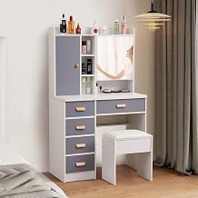 Vanity Table Set with Mirror, Makeup Vanity Table with 5 Drawer, 1 Storage Cabinet, Dressing Tables Vanity Desk with Cushioned Stool for Bedroom, White