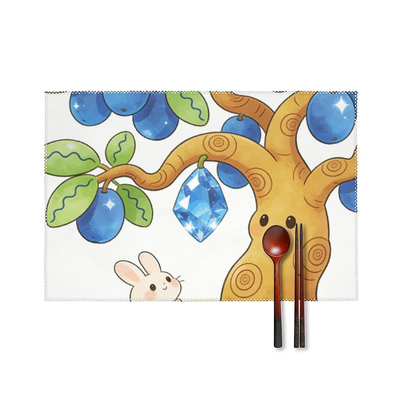 Gemstone Blue Apricot Tree Placemats Set of 6, 12x18 Inch Heat Resistant Washable Canvas Table Mats, Stain Resistant Decorative Dining Placemats for Kitchen, Restaurant, Outdoor Party