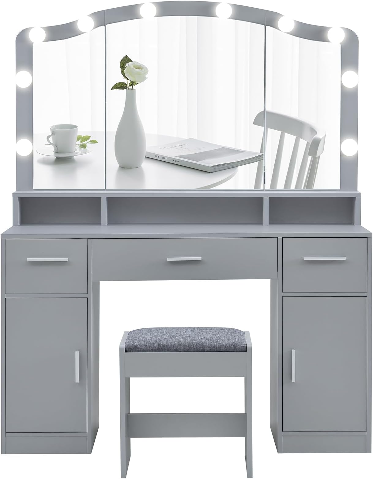 Cozy Castle Grey Vanity Table with DIY Lighted Mirror