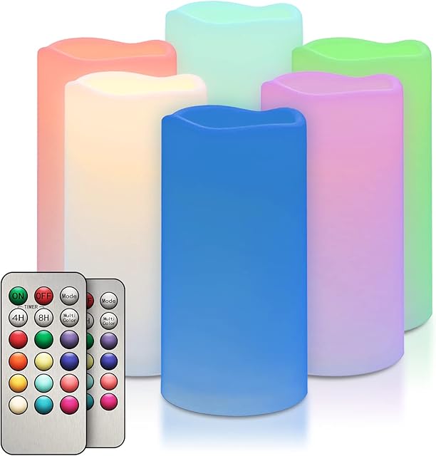 salipt Flickering Flameless Candles, Battery Operated LED Candles Fake Candles Outdoor Waterproof, Remote Control, 3 Inch Diameter RGB Color Candle Set of 6, H 6"