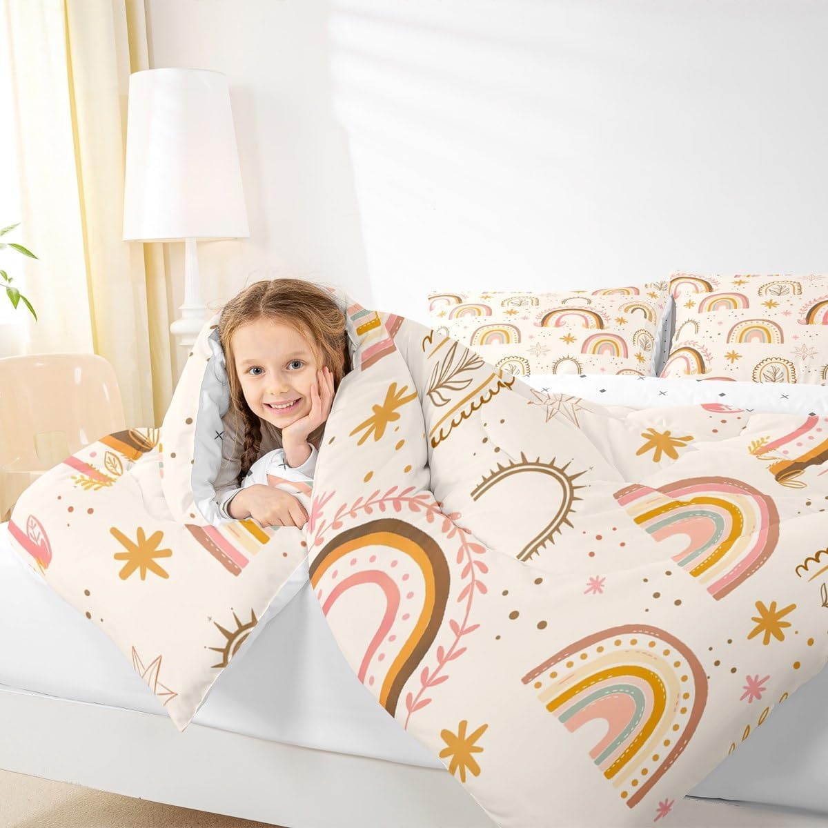 Homewish Kids Boho Rainbow Bedding Set Queen Size Cute Starry Leaves Dots Print Comforter Set 3Pcs for Child Girls Women Adult Room Decor Nature Plants Quilt Set Pink Yellow Duvet Insert,2 Pillowcase
