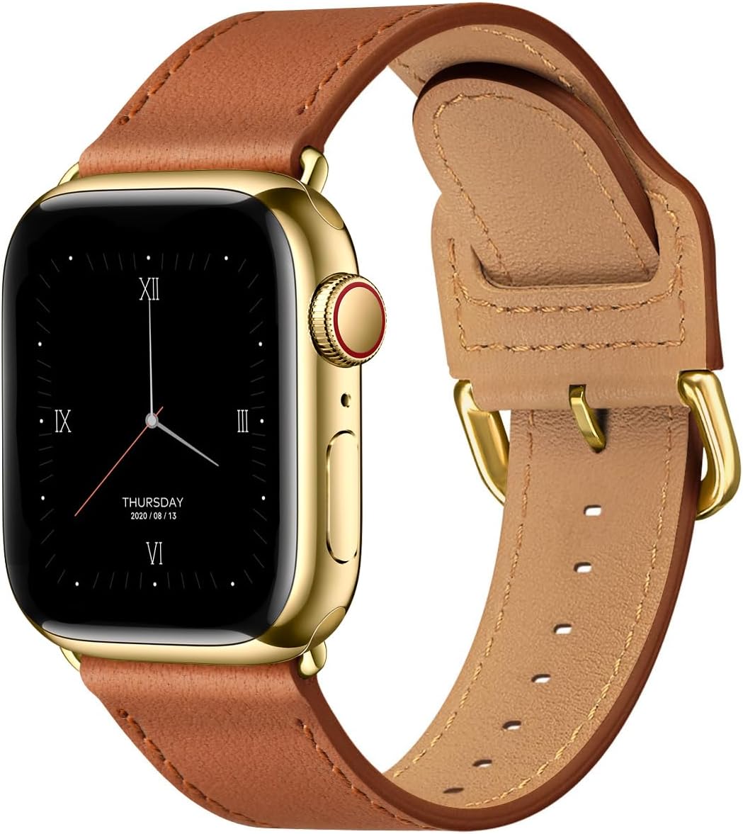 POWER PRIMACY Leather Bands Compatible with Apple Watch Band 38mm 40mm 41mm 42mm-Series 11/10,Genuine Leather Strap Compatible for Women Men iWatch SE Series 11 10 9 8 7 6 7 6 5 4 3 2 1(Brown/Gold) Brown/Gold 38mm 40mm 41mm 42mm( Series11/10)