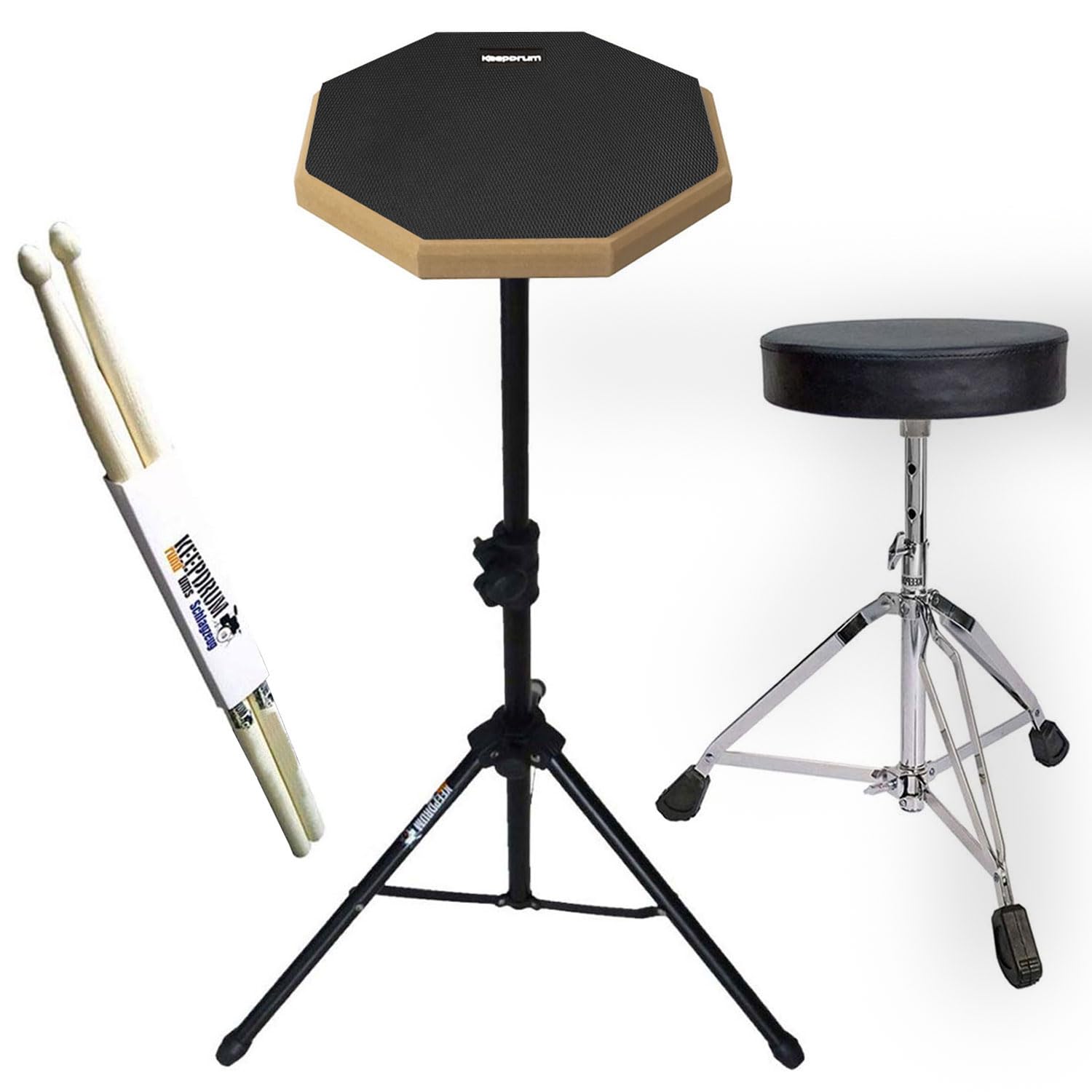 keepdrum Set di cuscinetti per esercizi DP-BK8, nero, 8 pollici, con treppiede, sgabello, bacchette per batteria