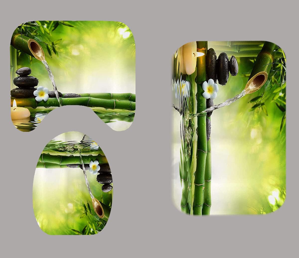 OLEBETY 4PCS/Set Zen Spa Shower Curtain, White Orchid Candle Green Bamboo Basalt Massage Stone Tranquil Lake Relaxing Spiritual Meditation Bathroom Decor, Non-slip Bath Mat, Bamboo & White Flower