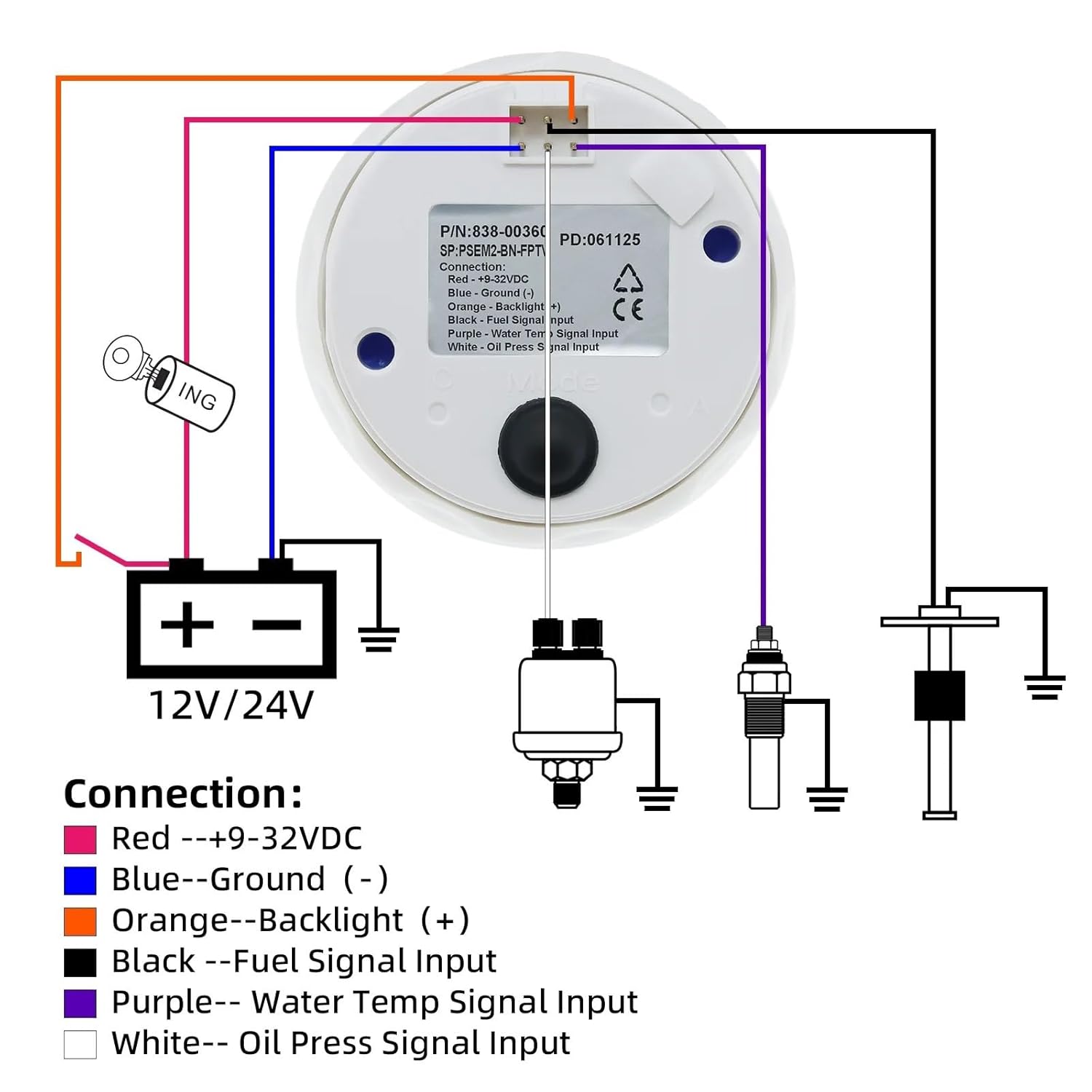 8 Color Backlight 52mm 4 in 1 Multifunction Gauge Digital Gauge 0-190ohm Fuel Level Gauge+Water Temp+Oil Pressure+Voltmeter Car(Black)