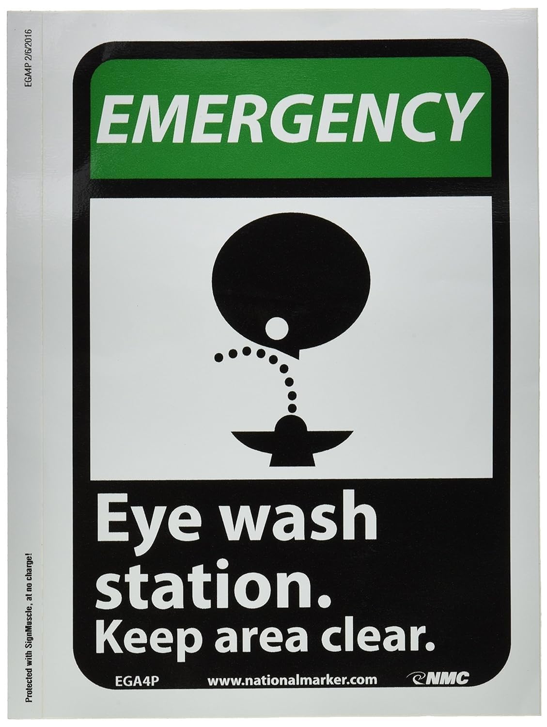 "Eye Wash Station Keep Area Clear" with Graphic Emergency Sign by National Marker – 10x7 inches, Vinyl, Model EGA4P