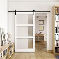 Vista 14 de Puertas correderas de granero de 36 x 84 pulgadas, 5 paneles, puerta interior de vidrio esmerilado templado para habitación con kit de herramientas