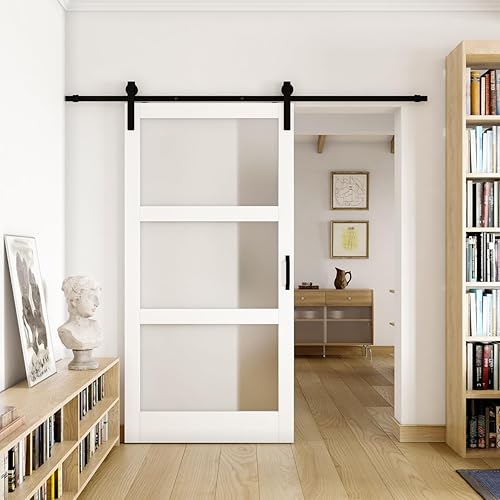 Puertas correderas de granero de 42 x 84 pulgadas, 3 paneles, puerta interior de vidrio esmerilado templado para habitación con kit de herramientas