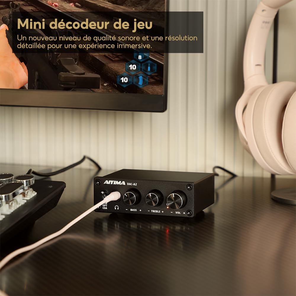 AIYIMA DAC A2 Amplificateur de casque Convertisseur DAC Mini décodeur de jeu stéréo Ordinateur de bureau DAC PC-USB/Coaxial/Optique vers RCA Sortie casque 24 bits192 kHz Ampli DAC numérique-analogique
