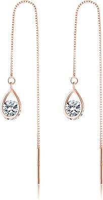 Reffeer Solid 925 Sterling Silver CZ Droplet Chain Dangle Earrings for Women Teen Girls Tassel Dangle Earrings Threader