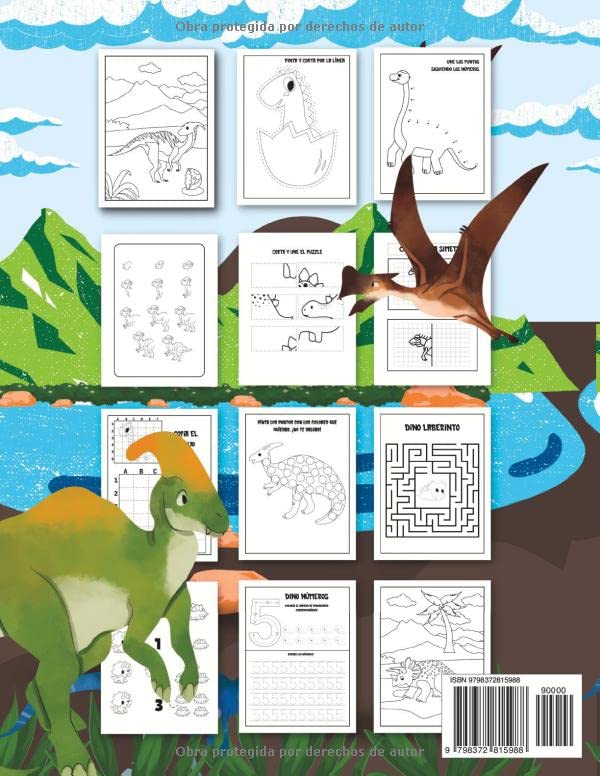 Vista 2 de Libro de Actividades con Dinosaurios para Niños y Niñas de 3 a 6 Años Aprender a Cortar con Tijeras y Pegar, Seguir los Puntos, Repasar Números