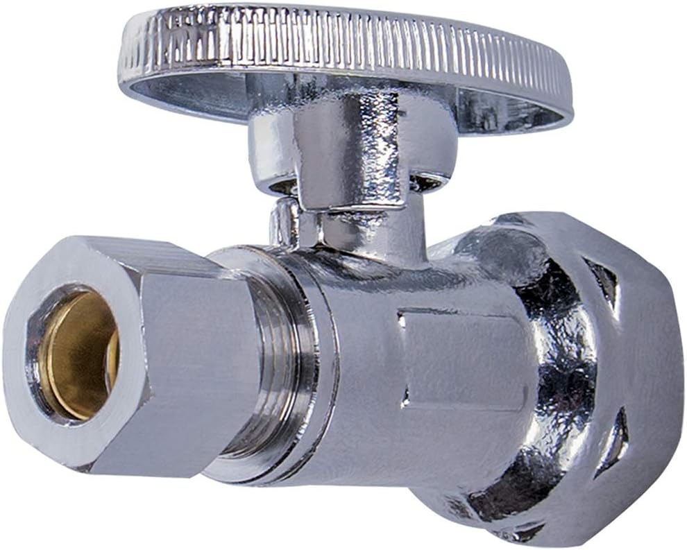 Midline Valve 82112QS-OM Water Supply Stop Valve with Quarter Turn Wheel; No Lead; One Piece Design; Straight Shut-off for Toilet, Sink, Dishwasher; 1/2 in. FIP x 3/8 in. COMP; Chrome Plated Brass