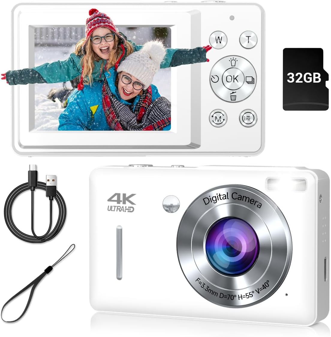 Digital Camera, 44MP Compact Camera, FHD 1080P Point and Shoot Digital Cameras with 16X Zoom, Face Detect, Smile Capture, Anti Shake, for Boys Girls Teens Gifts (White)