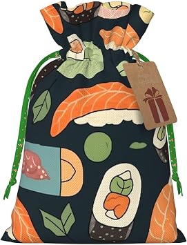 NBCCDVSH Christmas Drawstring Gift Bags Sushi Food Pattern Xmas Wrapping Bag with Tag Holiday Gift Drawstring Present Bag for Christmas Birthday Holiday Party Santa Candy Sack Pouch