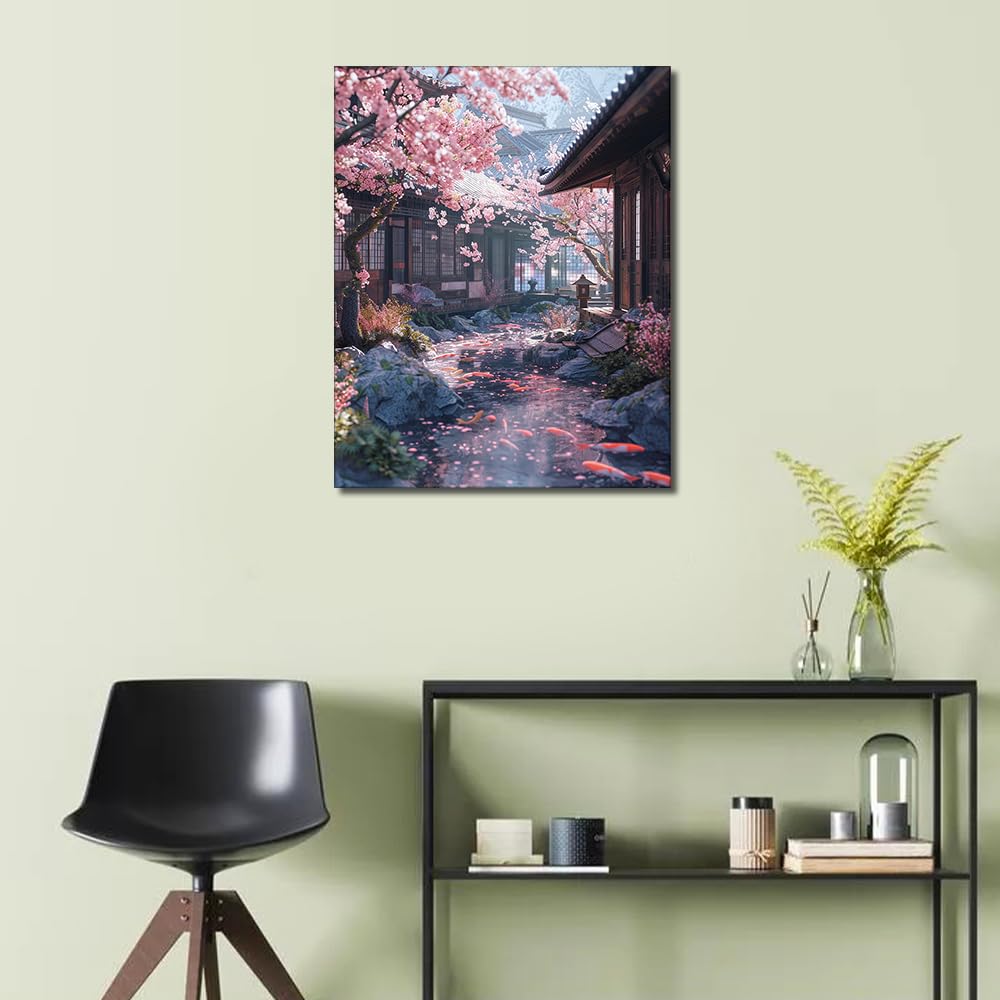 TISHIRON Malen nach Zahlen Erwachsene Kirschblüte, Adult Paint by Numbers Kits Scenery, DIY Acrylmalerei auf Leinwand Fisch, Ölgemälde für Home Wall Decor 40 x 50 cm(mit rahmen)